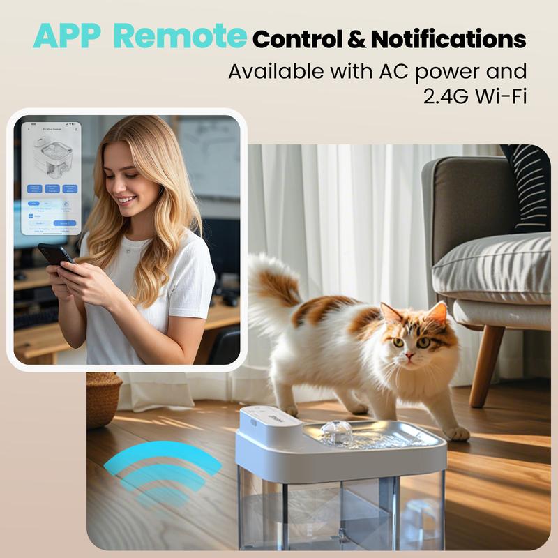 Fuente de agua para gatos 2026 con control APP Wi-Fi 2.4G, batería de 5000mAh, separación de agua limpia y residual, sin filtro, dispensador automático enchufable para mascotas.