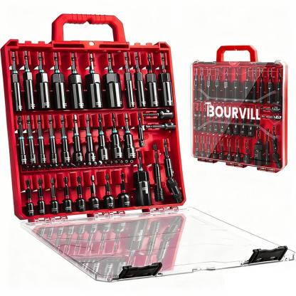 Set de 55 Piezas de Llaves de Impacto Magnéticas, SAE y Métricas, Vástago Hexagonal de 1/4", con Adaptadores y Extensión, Uso Profesional