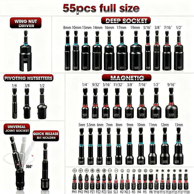 Set de 55 Piezas de Llaves de Impacto Magnéticas, SAE y Métricas, Vástago Hexagonal de 1/4", con Adaptadores y Extensión, Uso Profesional