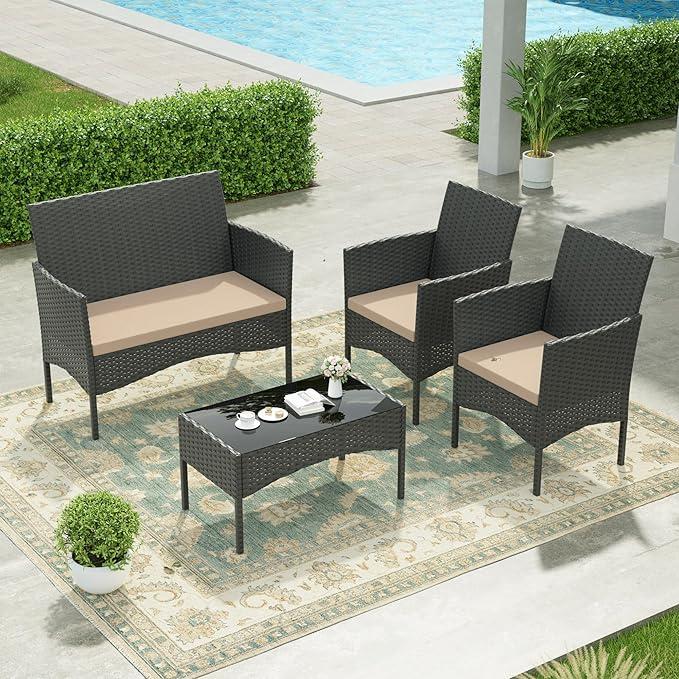 Sala de jardín de ratán PE para exterior con mesa de vidrio templado y cojines acolchados, ideal para patio, jardín y terraza