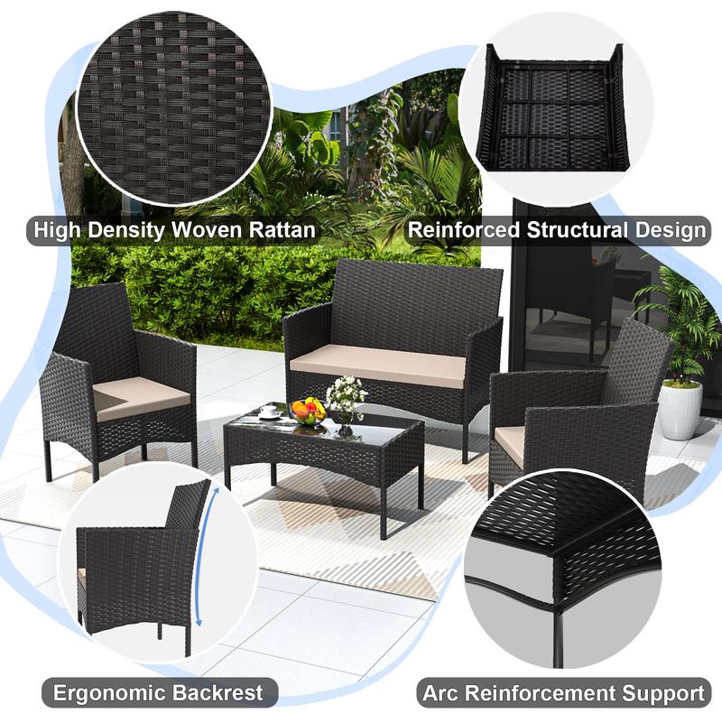 Sala de jardín de ratán PE para exterior con mesa de vidrio templado y cojines acolchados, ideal para patio, jardín y terraza