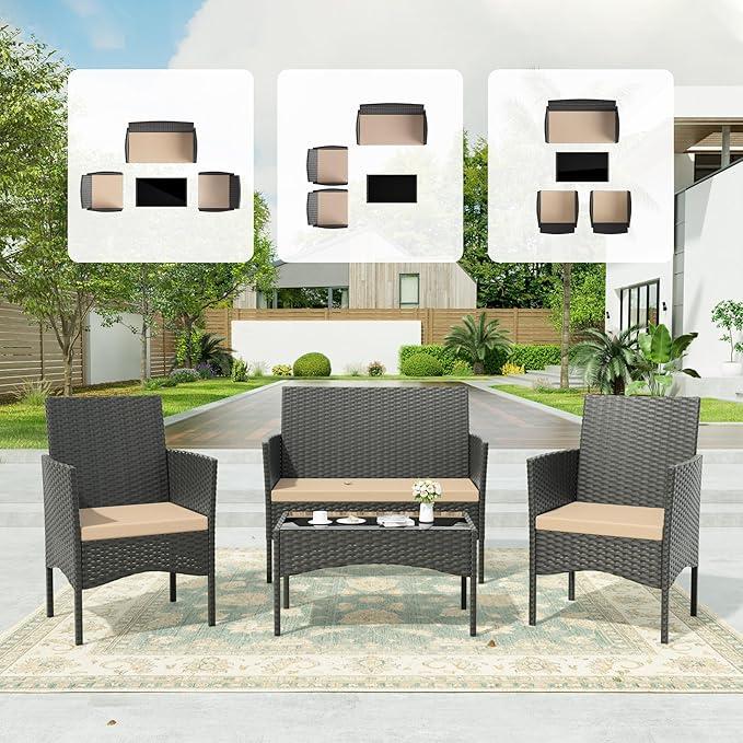 Sala de jardín de ratán PE para exterior con mesa de vidrio templado y cojines acolchados, ideal para patio, jardín y terraza