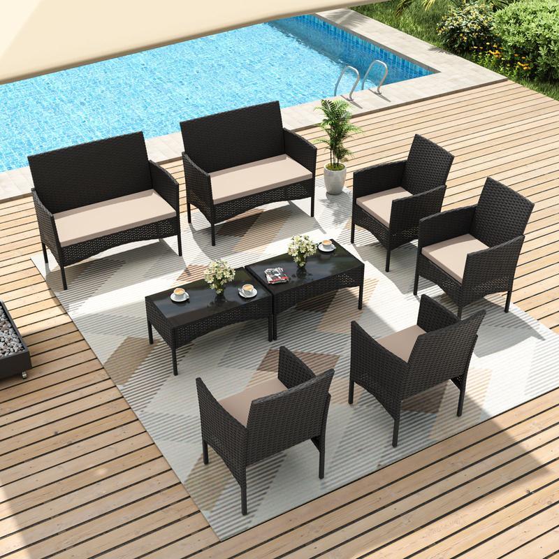 Sala de jardín de ratán PE para exterior con mesa de vidrio templado y cojines acolchados, ideal para patio, jardín y terraza