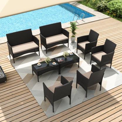 Sala de jardín de ratán PE para exterior con mesa de vidrio templado y cojines acolchados, ideal para patio, jardín y terraza