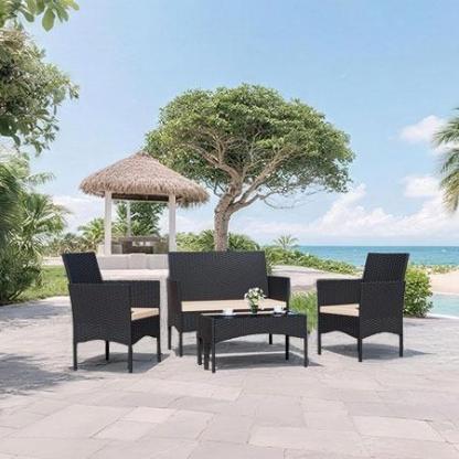 Sala de jardín de ratán PE para exterior con mesa de vidrio templado y cojines acolchados, ideal para patio, jardín y terraza