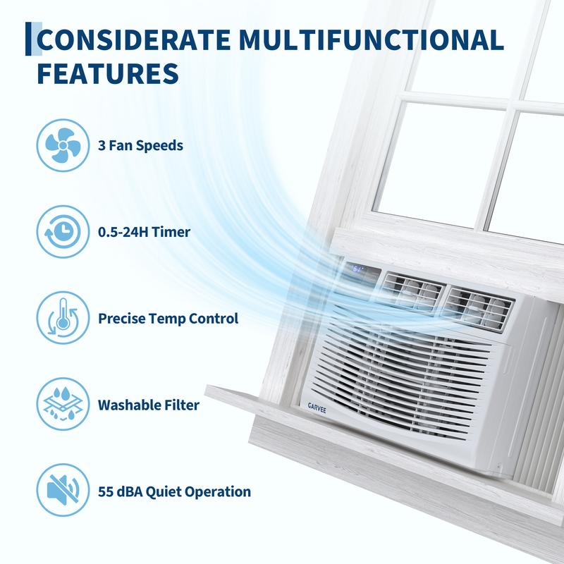 Aire acondicionado de ventana 8000 BTU, ahorrador de energía, 3 modos (Frío, Deshumidificación y Ventilador), control de velocidad, para habitaciones, oficina y hogar, enfría hasta 33 m², 115 V