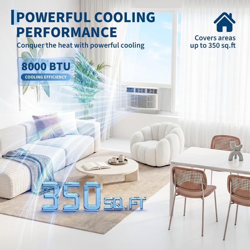 Aire acondicionado de ventana 8000 BTU, ahorrador de energía, 3 modos (Frío, Deshumidificación y Ventilador), control de velocidad, para habitaciones, oficina y hogar, enfría hasta 33 m², 115 V
