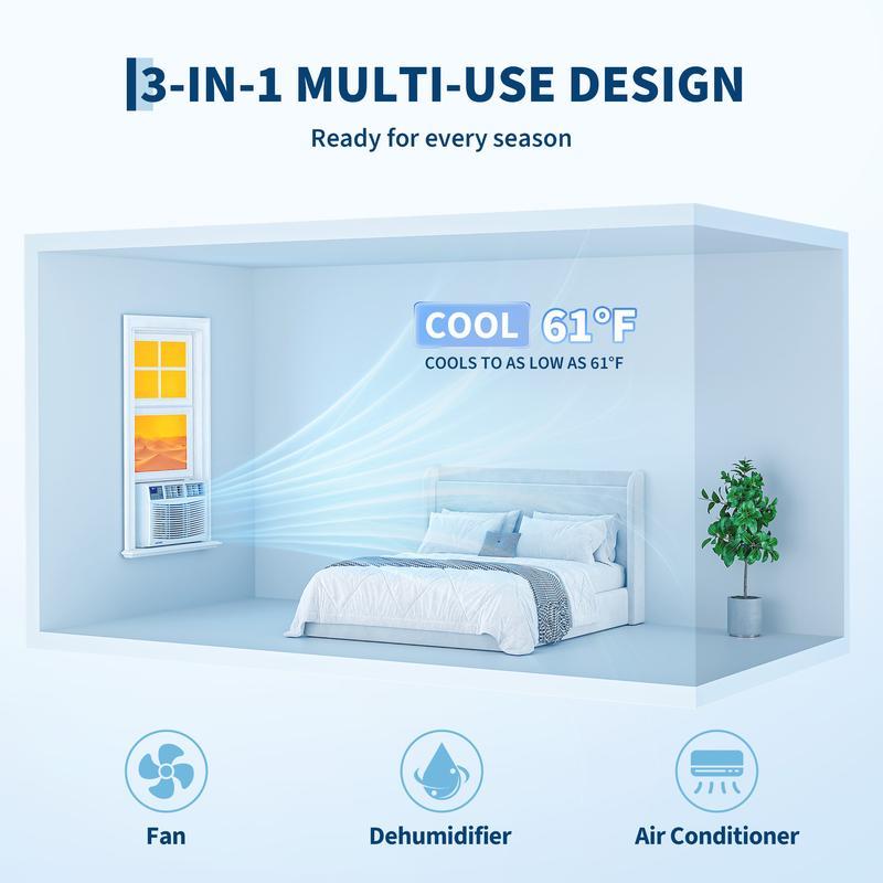 Aire acondicionado de ventana 8000 BTU, ahorrador de energía, 3 modos (Frío, Deshumidificación y Ventilador), control de velocidad, para habitaciones, oficina y hogar, enfría hasta 33 m², 115 V