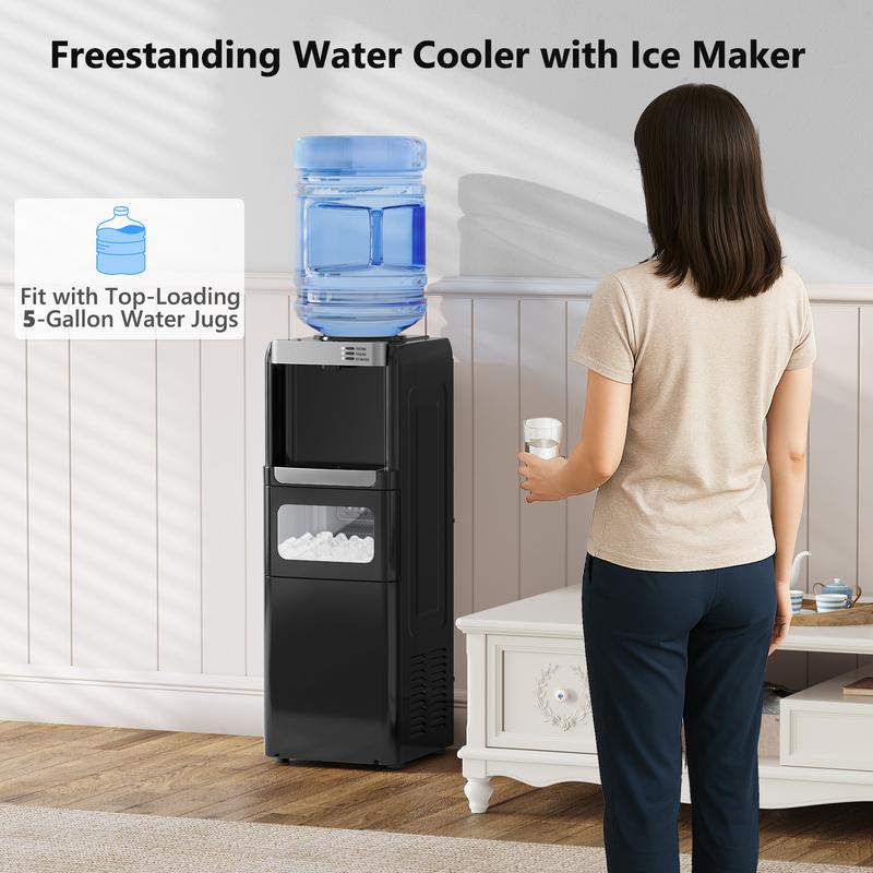 Dispensador de agua con fábrica de hielo, carga superior para garrafón de 5 galones, agua fría y caliente, seguro para niños, ideal para hogar, oficina o garaje, color negro.
