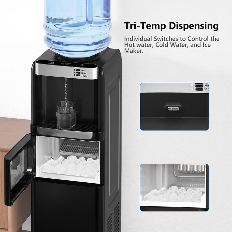 Dispensador de agua con fábrica de hielo, carga superior para garrafón de 5 galones, agua fría y caliente, seguro para niños, ideal para hogar, oficina o garaje, color negro.