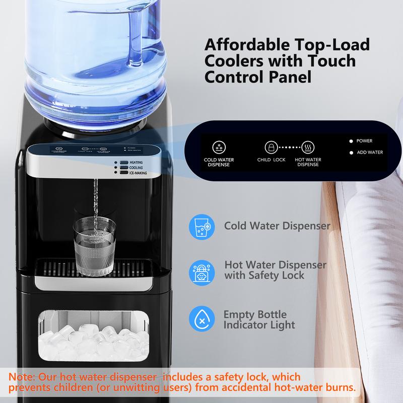 Dispensador de agua con fábrica de hielo, carga superior para garrafón de 5 galones, agua fría y caliente, seguro para niños, ideal para hogar, oficina o garaje, color negro.