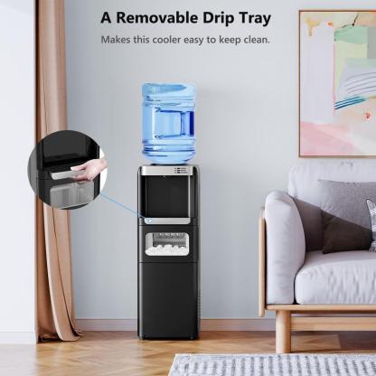Dispensador de agua con fábrica de hielo, carga superior para garrafón de 5 galones, agua fría y caliente, seguro para niños, ideal para hogar, oficina o garaje, color negro.