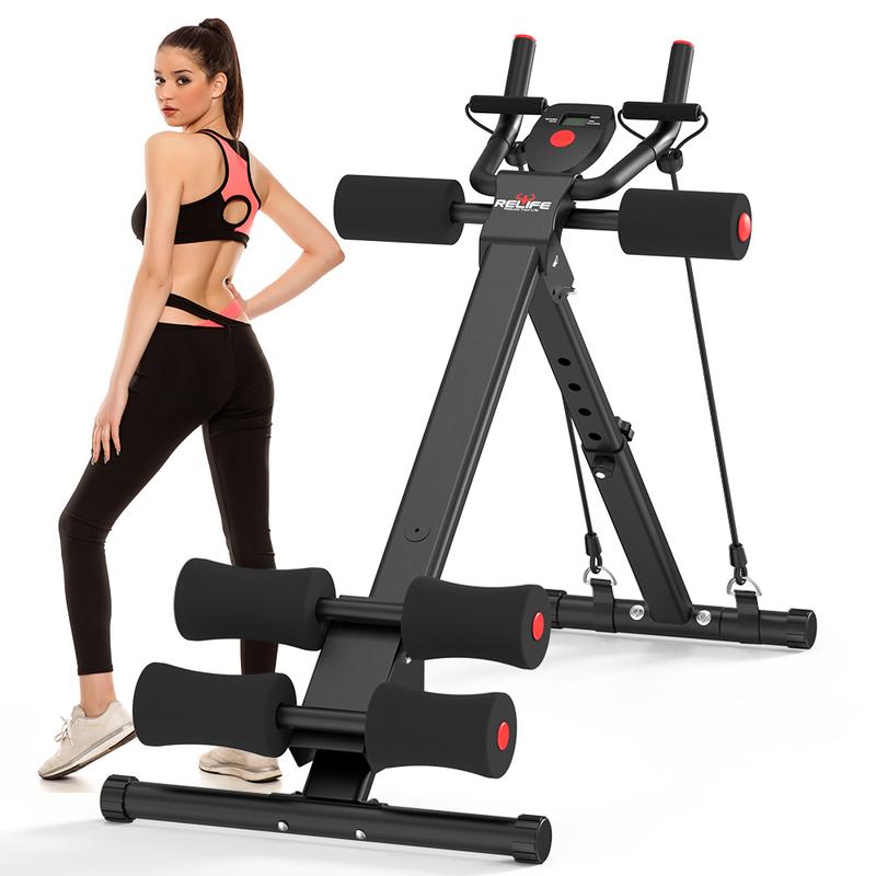 Relife Sports Máquina Ajustable y Plegable para Abdominales con Monitor LCD, Bandas de Resistencia y Protección para Rodillas