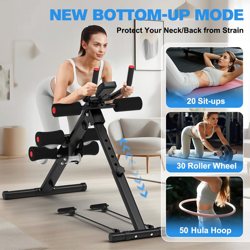 Relife Sports Máquina Ajustable y Plegable para Abdominales con Monitor LCD, Bandas de Resistencia y Protección para Rodillas