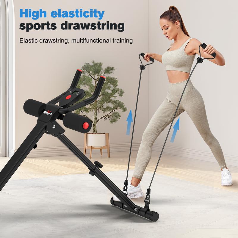 Relife Sports Máquina Ajustable y Plegable para Abdominales con Monitor LCD, Bandas de Resistencia y Protección para Rodillas