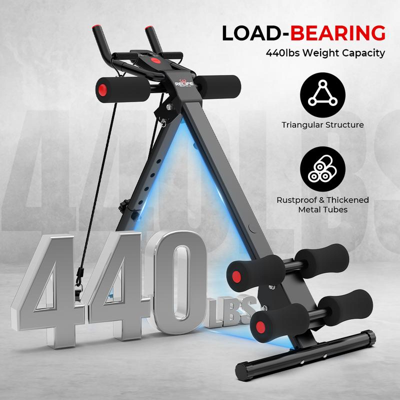 Relife Sports Máquina Ajustable y Plegable para Abdominales con Monitor LCD, Bandas de Resistencia y Protección para Rodillas