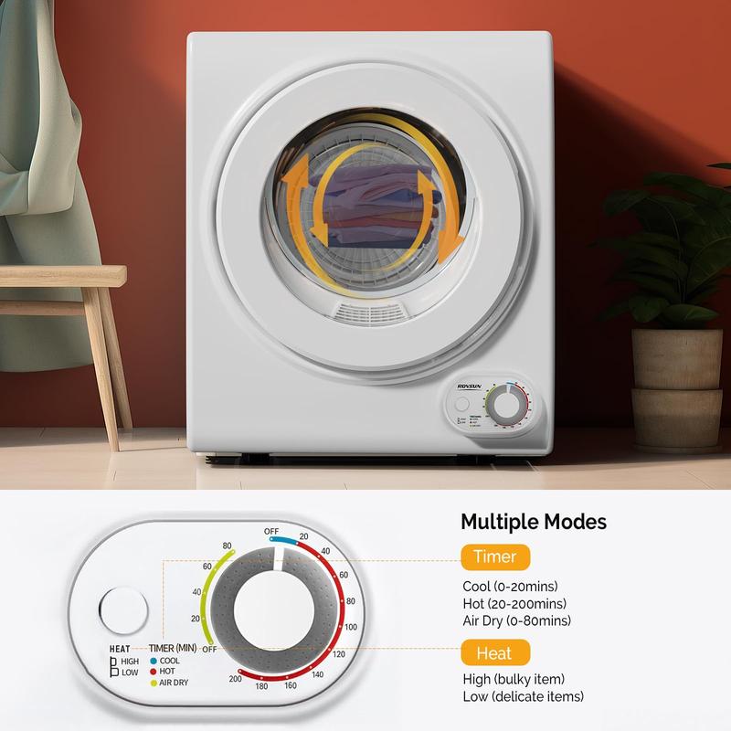 Secadora de Ropa Portátil de 850W, Varias Capacidades (1.5/1.8/2.6 pies³), Carga Frontal con Tambor de Acero Inoxidable, Perilla de Control Simple, Puerta Transparente, Diseño Automático Multifuncional para Departamentos, RV y Espacios Pequeños
