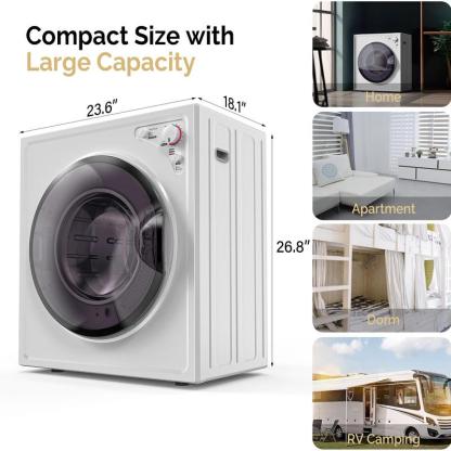 Secadora de Ropa Portátil de 850W, Varias Capacidades (1.5/1.8/2.6 pies³), Carga Frontal con Tambor de Acero Inoxidable, Perilla de Control Simple, Puerta Transparente, Diseño Automático Multifuncional para Departamentos, RV y Espacios Pequeños