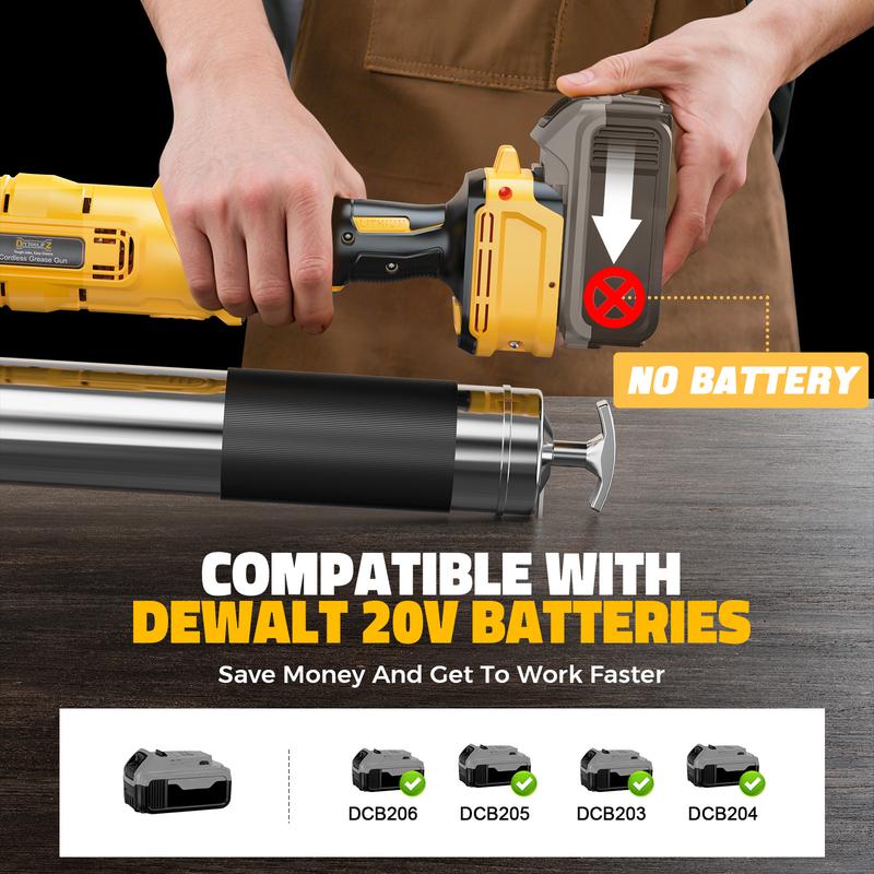 Pistola de grasa inalámbrica compatible con baterías DeWalt/Milwaukee (sin batería), presión de 12000 PSI, diseño con agarre doble tipo pistola y en línea, compatible con grasa a granel y cartuchos, incluye manguera de 39" y 4 acopladores.