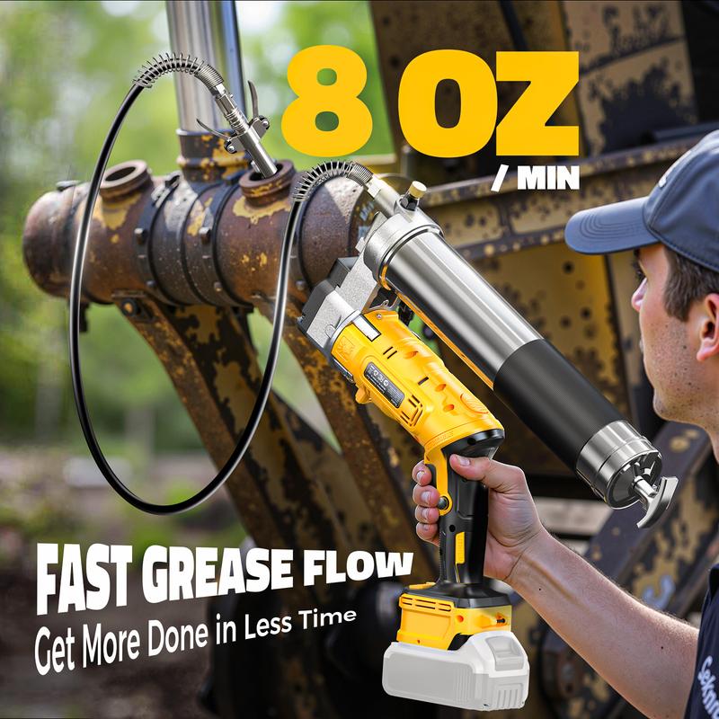 Pistola de grasa inalámbrica compatible con baterías DeWalt/Milwaukee (sin batería), presión de 12000 PSI, diseño con agarre doble tipo pistola y en línea, compatible con grasa a granel y cartuchos, incluye manguera de 39" y 4 acopladores.