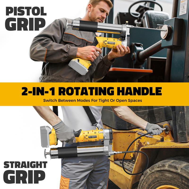 Pistola de grasa inalámbrica compatible con baterías DeWalt/Milwaukee (sin batería), presión de 12000 PSI, diseño con agarre doble tipo pistola y en línea, compatible con grasa a granel y cartuchos, incluye manguera de 39" y 4 acopladores.