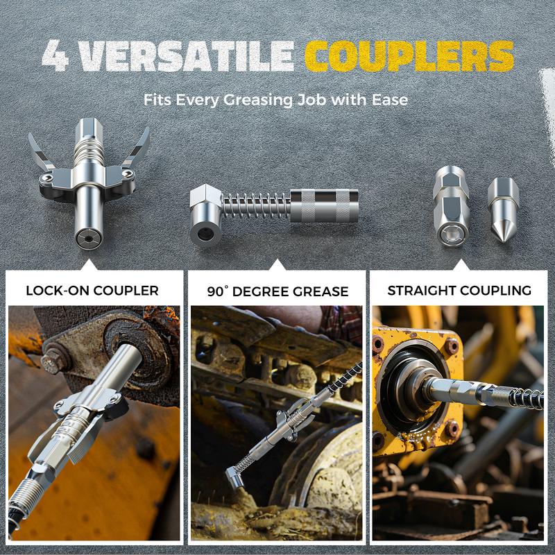 Pistola de grasa inalámbrica compatible con baterías DeWalt/Milwaukee (sin batería), presión de 12000 PSI, diseño con agarre doble tipo pistola y en línea, compatible con grasa a granel y cartuchos, incluye manguera de 39" y 4 acopladores.