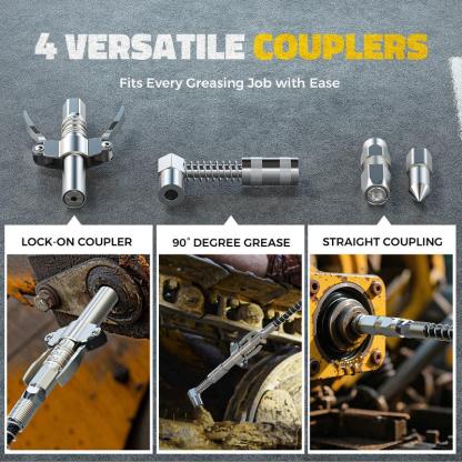 Pistola de grasa inalámbrica compatible con baterías DeWalt/Milwaukee (sin batería), presión de 12000 PSI, diseño con agarre doble tipo pistola y en línea, compatible con grasa a granel y cartuchos, incluye manguera de 39" y 4 acopladores.
