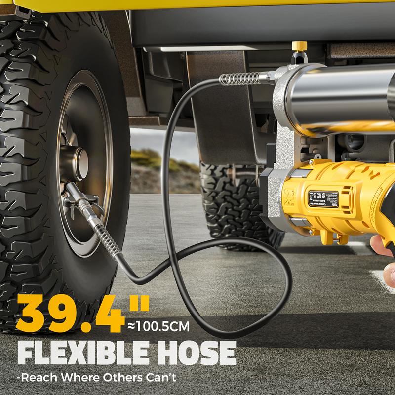 Pistola de grasa inalámbrica compatible con baterías DeWalt/Milwaukee (sin batería), presión de 12000 PSI, diseño con agarre doble tipo pistola y en línea, compatible con grasa a granel y cartuchos, incluye manguera de 39" y 4 acopladores.