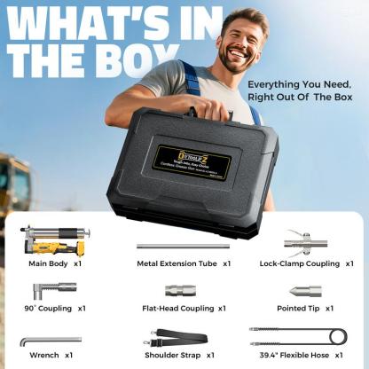 Pistola de grasa inalámbrica compatible con baterías DeWalt/Milwaukee (sin batería), presión de 12000 PSI, diseño con agarre doble tipo pistola y en línea, compatible con grasa a granel y cartuchos, incluye manguera de 39" y 4 acopladores.