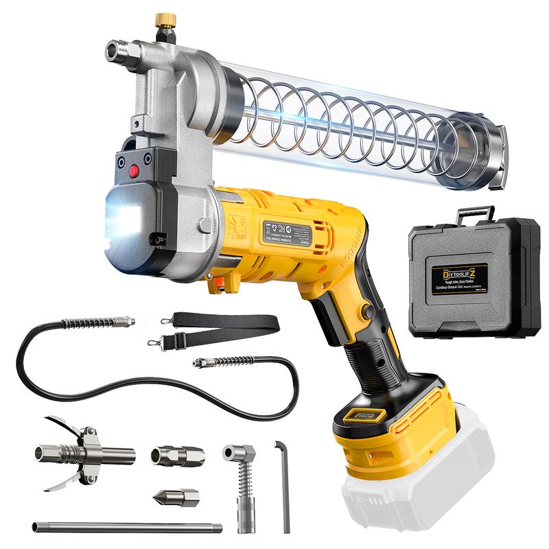 Pistola de grasa inalámbrica compatible con baterías DeWalt/Milwaukee (sin batería), presión de 12000 PSI, diseño con agarre doble tipo pistola y en línea, compatible con grasa a granel y cartuchos, incluye manguera de 39" y 4 acopladores.