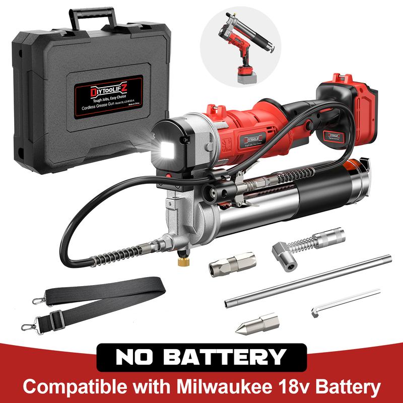 Pistola de grasa inalámbrica compatible con baterías DeWalt/Milwaukee (sin batería), presión de 12000 PSI, diseño con agarre doble tipo pistola y en línea, compatible con grasa a granel y cartuchos, incluye manguera de 39" y 4 acopladores.