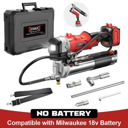 Pistola de grasa inalámbrica compatible con baterías DeWalt/Milwaukee (sin batería), presión de 12000 PSI, diseño con agarre doble tipo pistola y en línea, compatible con grasa a granel y cartuchos, incluye manguera de 39" y 4 acopladores.