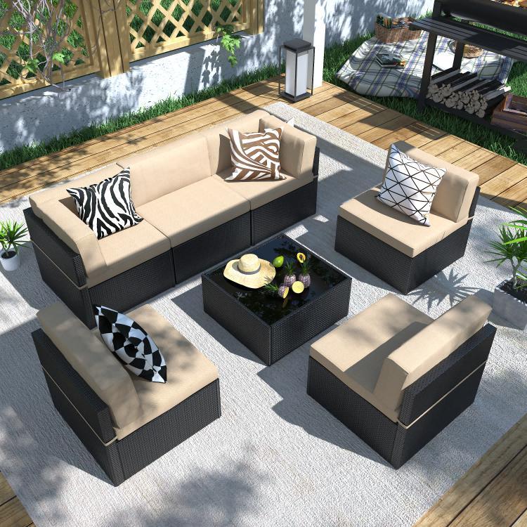 Set de muebles para patio exterior de 7 piezas, conjunto modular de sofá seccional con sillas y mesa de centro, ideal para jardín, terraza y patio trasero.