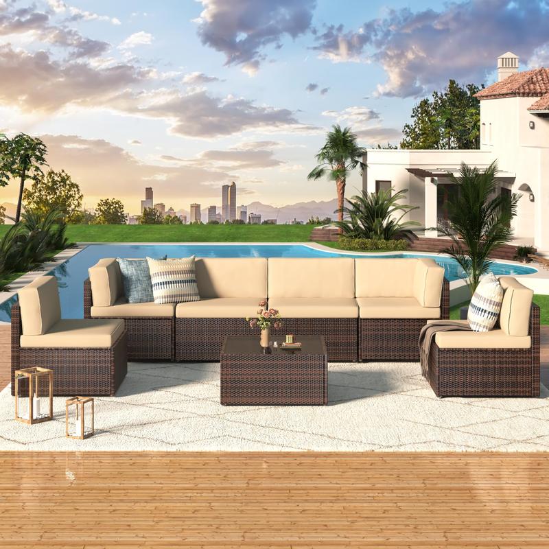 Set de muebles para patio exterior de 7 piezas, conjunto modular de sofá seccional con sillas y mesa de centro, ideal para jardín, terraza y patio trasero.