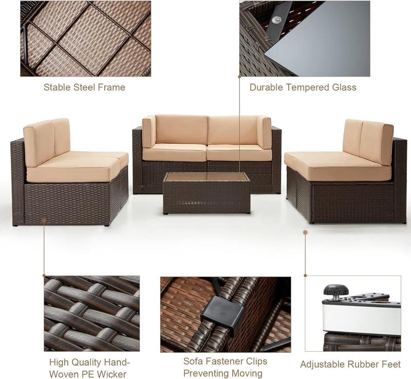 Set de muebles para patio exterior de 7 piezas, conjunto modular de sofá seccional con sillas y mesa de centro, ideal para jardín, terraza y patio trasero.