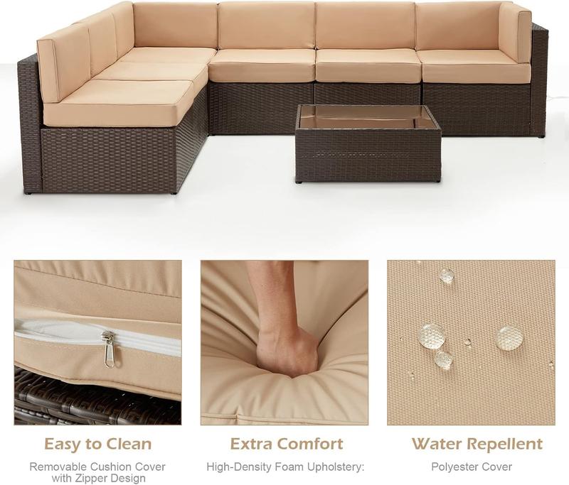 Set de muebles para patio exterior de 7 piezas, conjunto modular de sofá seccional con sillas y mesa de centro, ideal para jardín, terraza y patio trasero.