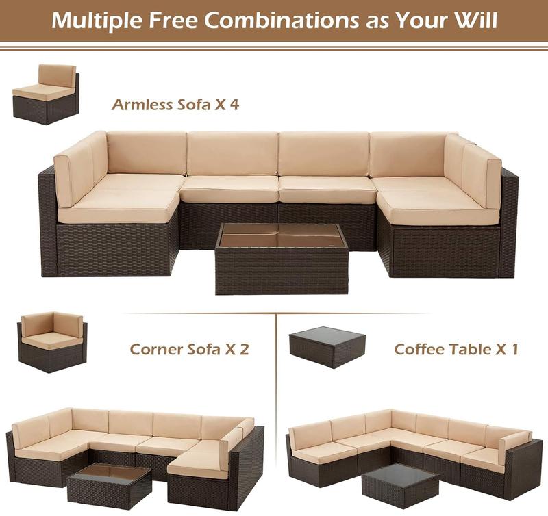 Set de muebles para patio exterior de 7 piezas, conjunto modular de sofá seccional con sillas y mesa de centro, ideal para jardín, terraza y patio trasero.