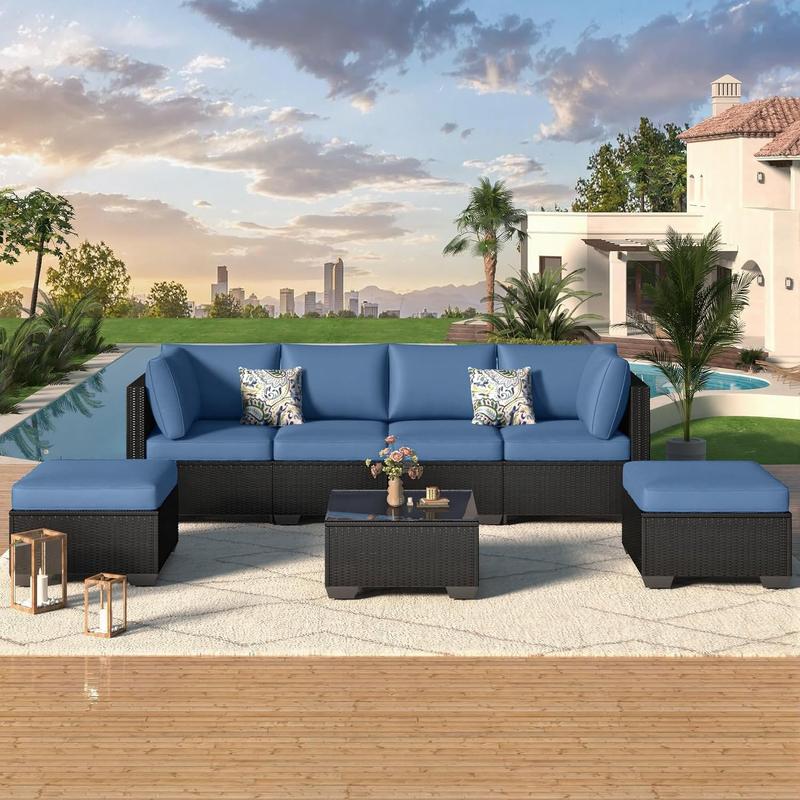 Set de muebles para patio exterior de 7 piezas, conjunto modular de sofá seccional con sillas y mesa de centro, ideal para jardín, terraza y patio trasero.