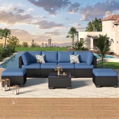 Set de muebles para patio exterior de 7 piezas, conjunto modular de sofá seccional con sillas y mesa de centro, ideal para jardín, terraza y patio trasero.