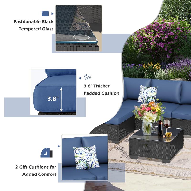 Set de muebles para patio exterior de 7 piezas, conjunto modular de sofá seccional con sillas y mesa de centro, ideal para jardín, terraza y patio trasero.