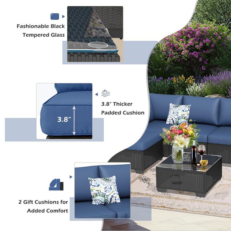 Set de muebles para patio exterior de 7 piezas, conjunto modular de sofá seccional con sillas y mesa de centro, ideal para jardín, terraza y patio trasero.