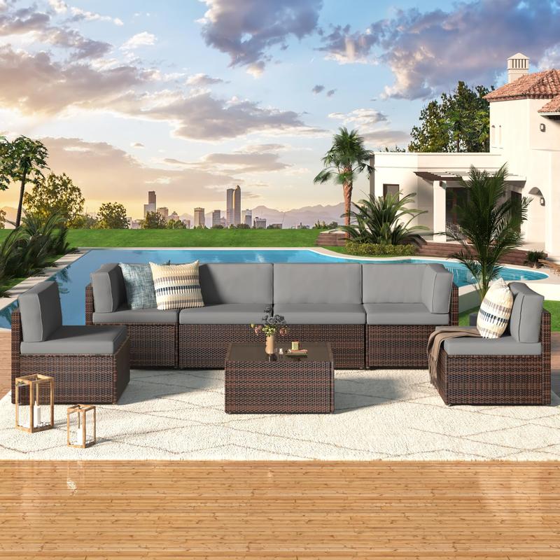 Set de muebles para patio exterior de 7 piezas, conjunto modular de sofá seccional con sillas y mesa de centro, ideal para jardín, terraza y patio trasero.