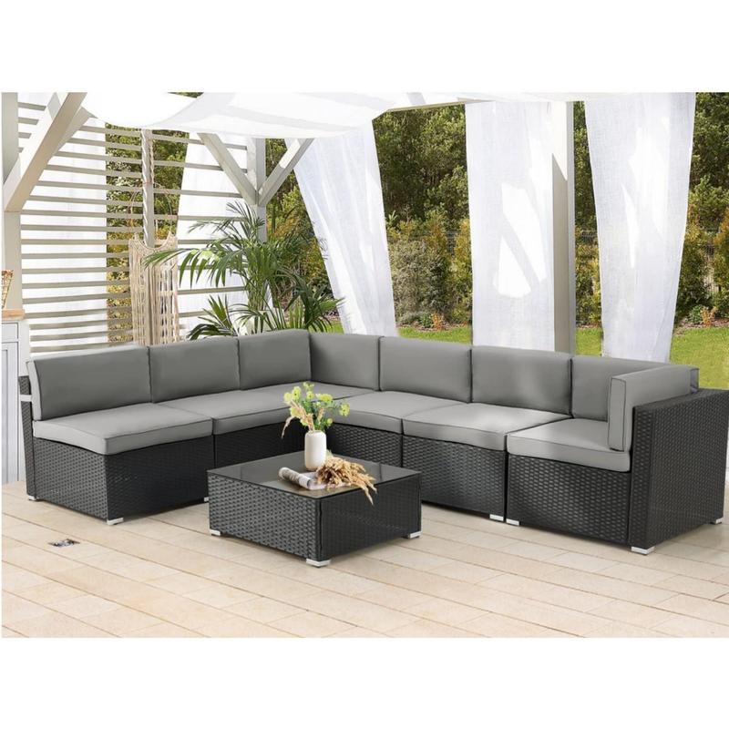 Set de muebles para patio exterior de 7 piezas, conjunto modular de sofá seccional con sillas y mesa de centro, ideal para jardín, terraza y patio trasero.
