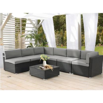 Set de muebles para patio exterior de 7 piezas, conjunto modular de sofá seccional con sillas y mesa de centro, ideal para jardín, terraza y patio trasero.