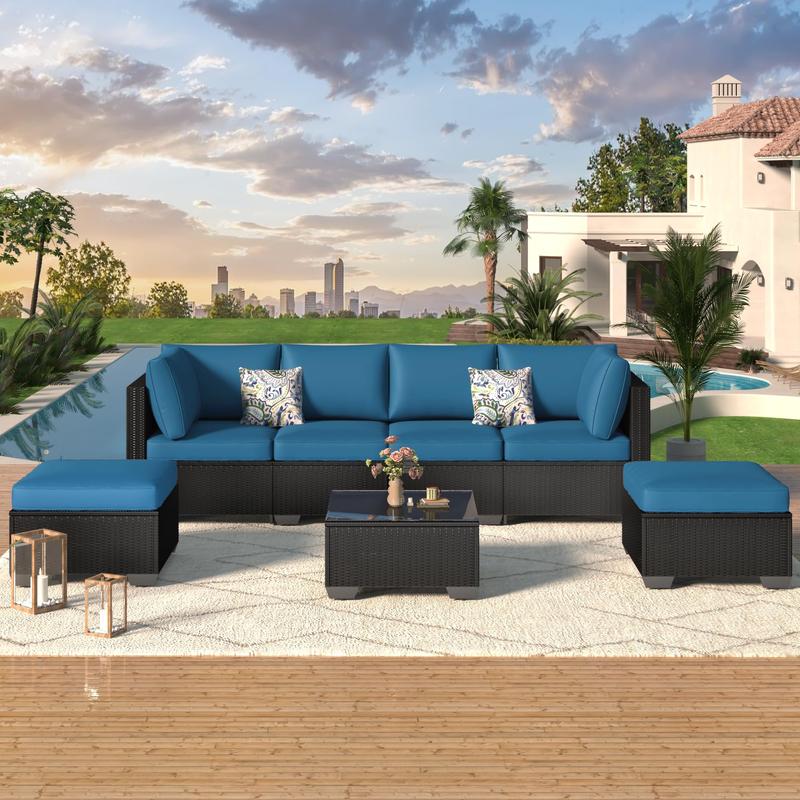 Set de muebles para patio exterior de 7 piezas, conjunto modular de sofá seccional con sillas y mesa de centro, ideal para jardín, terraza y patio trasero.