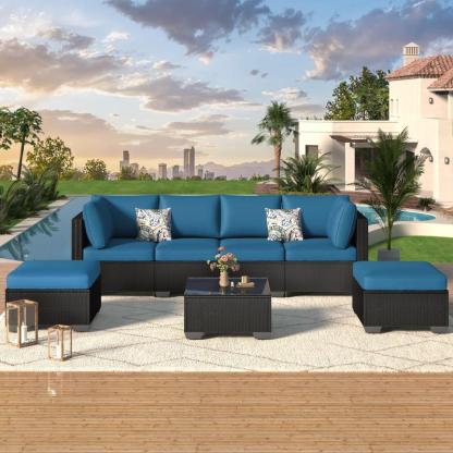 Set de muebles para patio exterior de 7 piezas, conjunto modular de sofá seccional con sillas y mesa de centro, ideal para jardín, terraza y patio trasero.