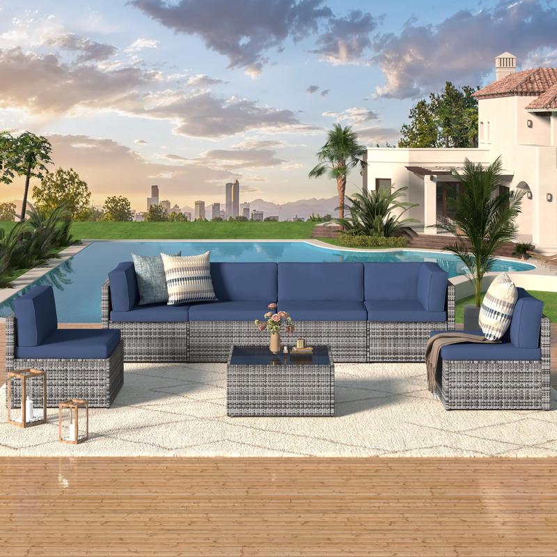 Set de muebles para patio exterior de 7 piezas, conjunto modular de sofá seccional con sillas y mesa de centro, ideal para jardín, terraza y patio trasero.