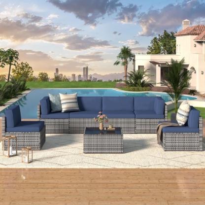 Set de muebles para patio exterior de 7 piezas, conjunto modular de sofá seccional con sillas y mesa de centro, ideal para jardín, terraza y patio trasero.