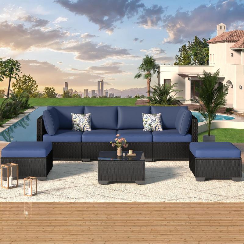 Set de muebles para patio exterior de 7 piezas, conjunto modular de sofá seccional con sillas y mesa de centro, ideal para jardín, terraza y patio trasero.