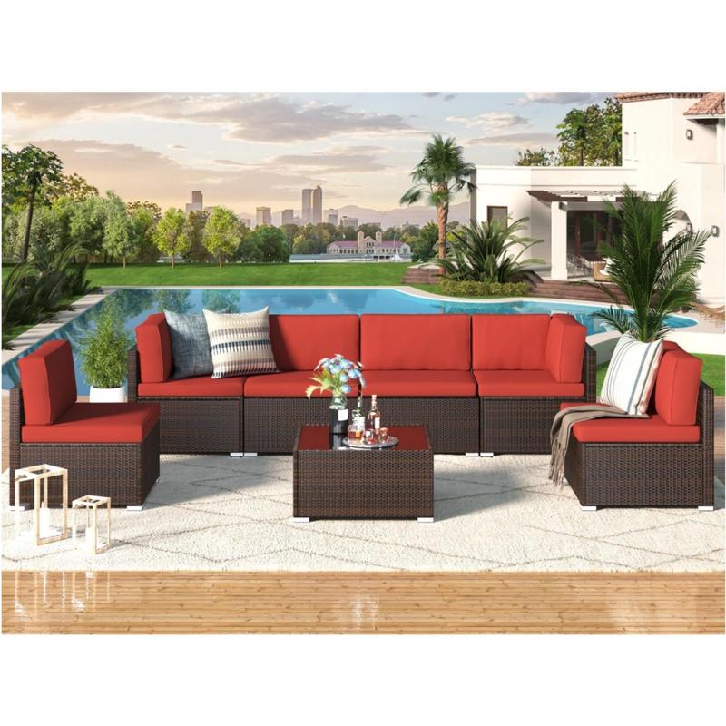 Set de muebles para patio exterior de 7 piezas, conjunto modular de sofá seccional con sillas y mesa de centro, ideal para jardín, terraza y patio trasero.